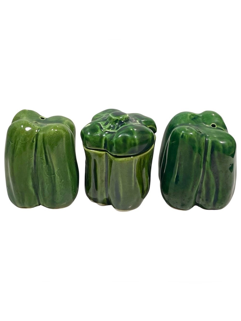 Vintage 1970s Green Bell Pepper Ceramic Condiment Set Salt and Pepper Shakers